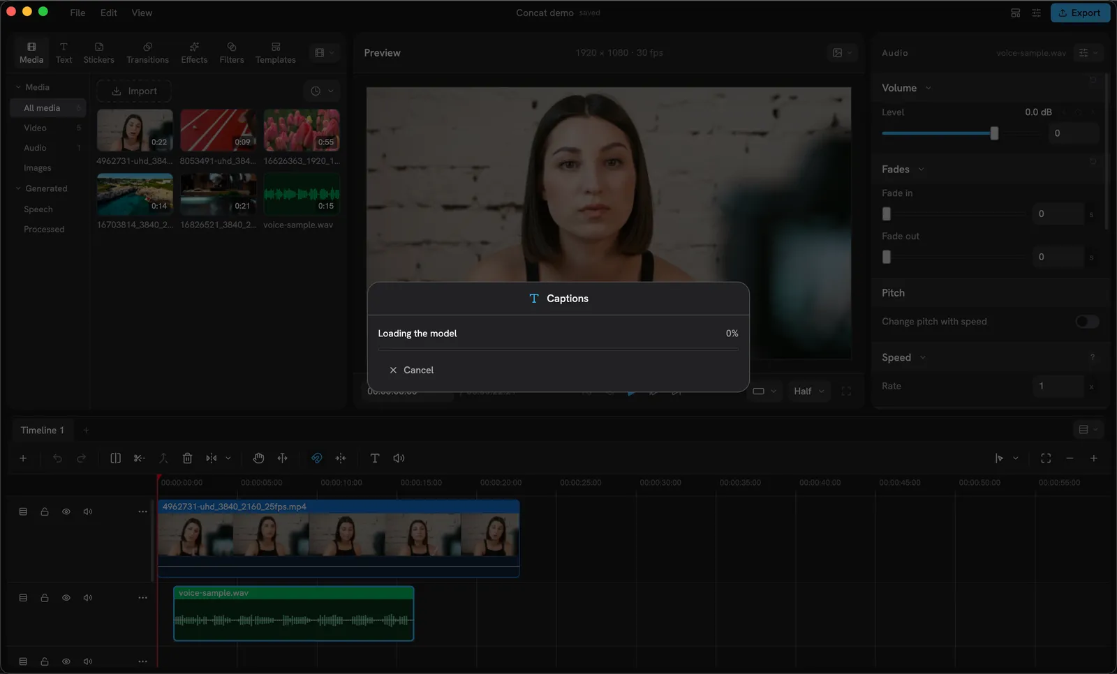 The Captions sheet while it works: Loading the model, a progress bar and a Cancel button