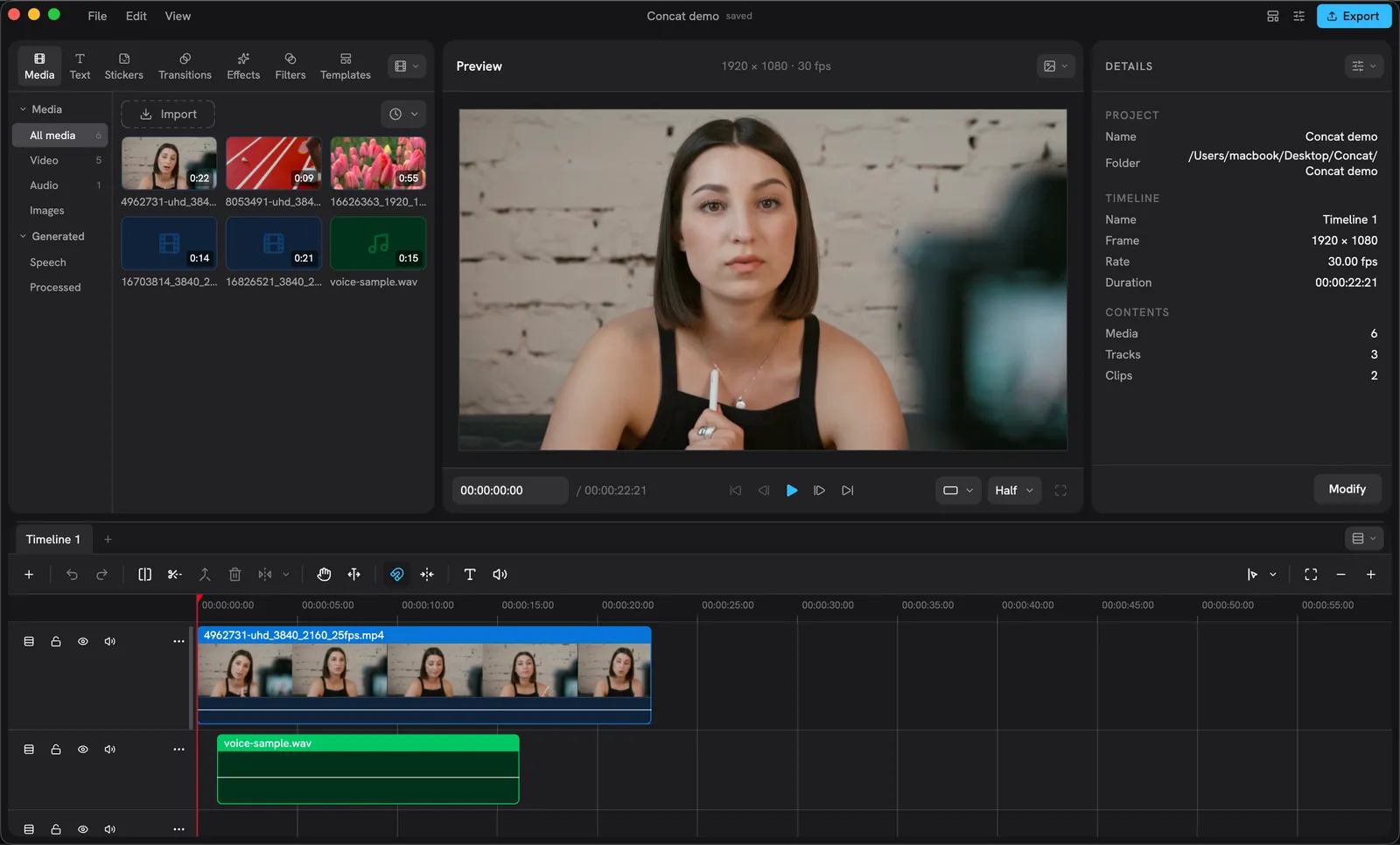The Concat editor with the Library, the Preview, the Inspector and the Timeline