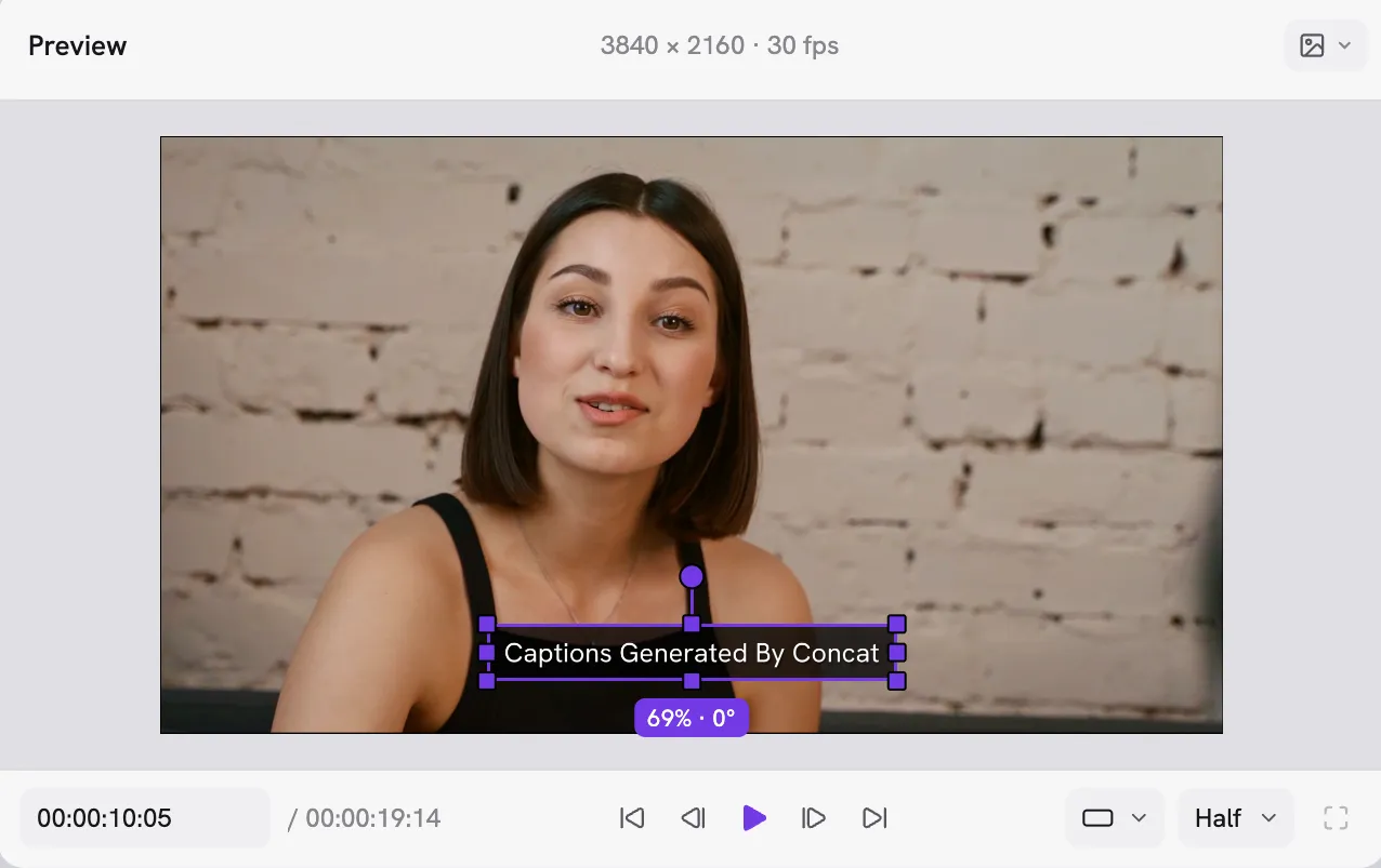 The Concat preview with a caption generated by Concat over a talking-head clip
