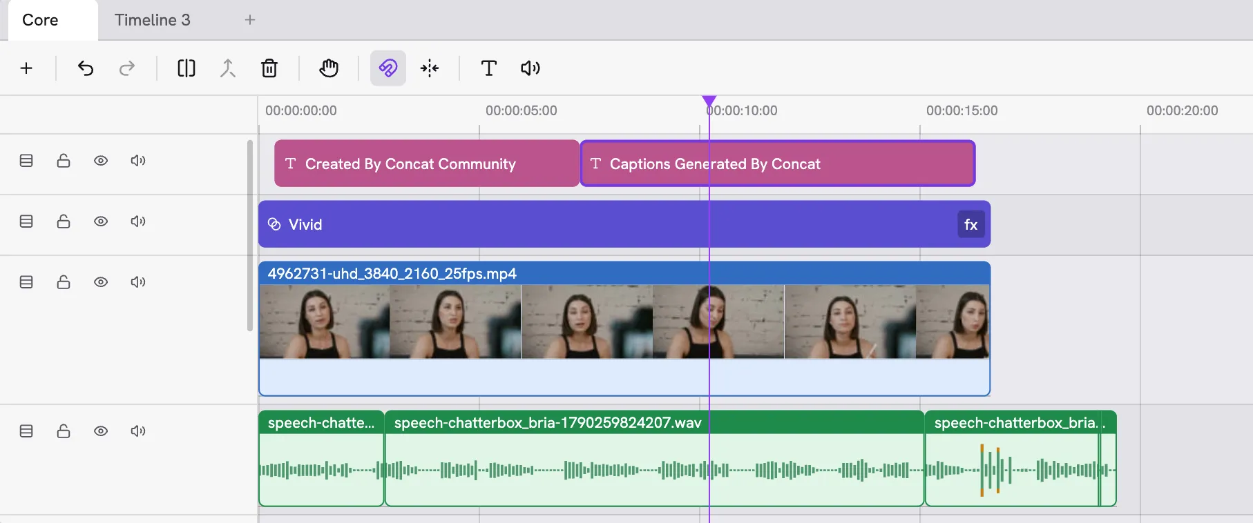 The timeline with a text track, a Vivid effect, a 4K video track and three speech clips with waveforms