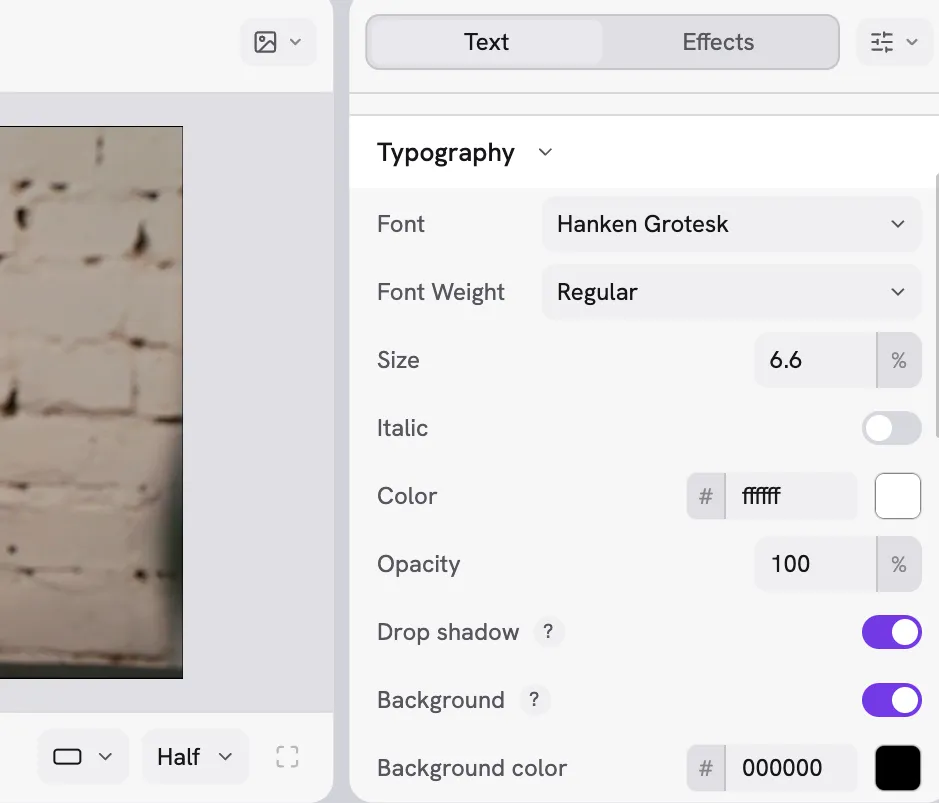 The edge of the preview and the text inspector with font, weight, size, color, shadow and background settings